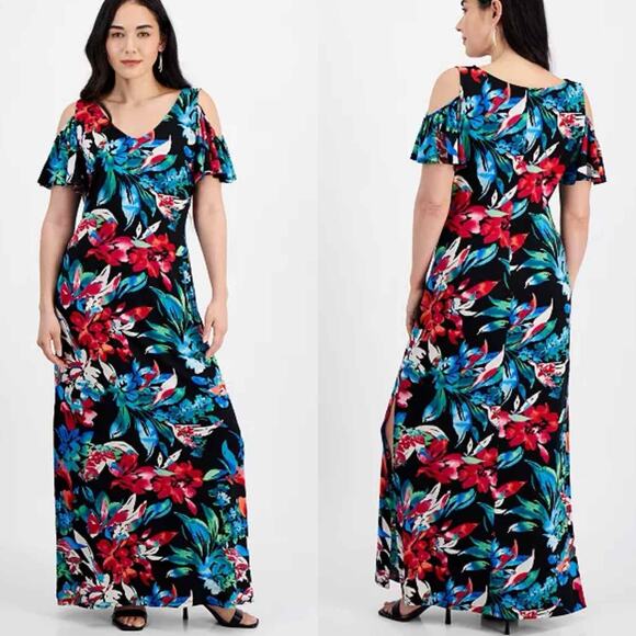 Connected Petite Dark Floral Tropical Cold-Shoulder Maxi Dress Size 6 Petite - Picture 7 of 10